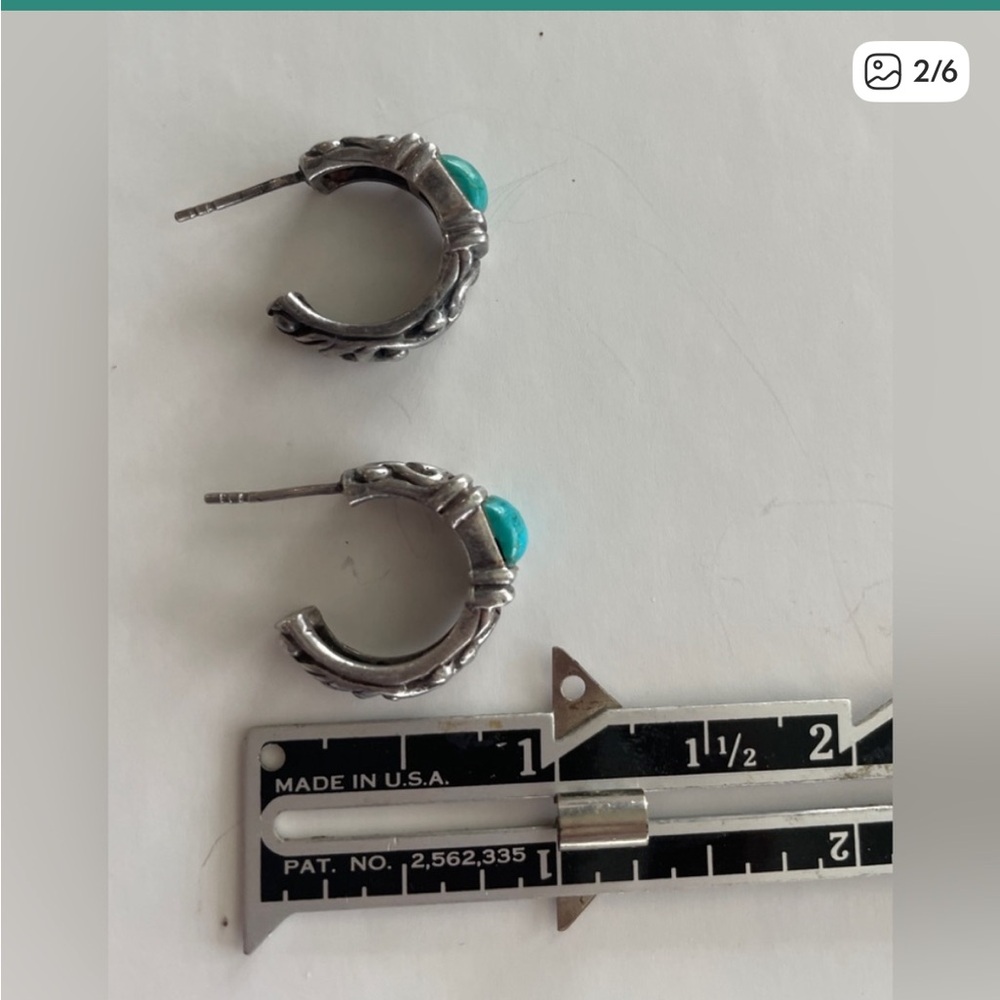 Vintage 925 Sterling Silver & Turquoise Hoop Pierced Earrings 9 grams - Picture 5 of 5